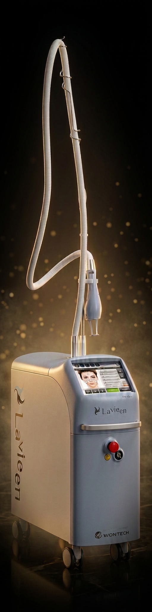 Equipamento Laser Lavieen original sobre fundo preto suave com luzes douradas